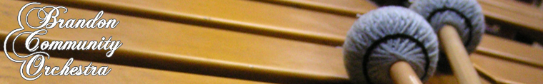 Brandon community logo over a close up image of marimba keys and mallets. 